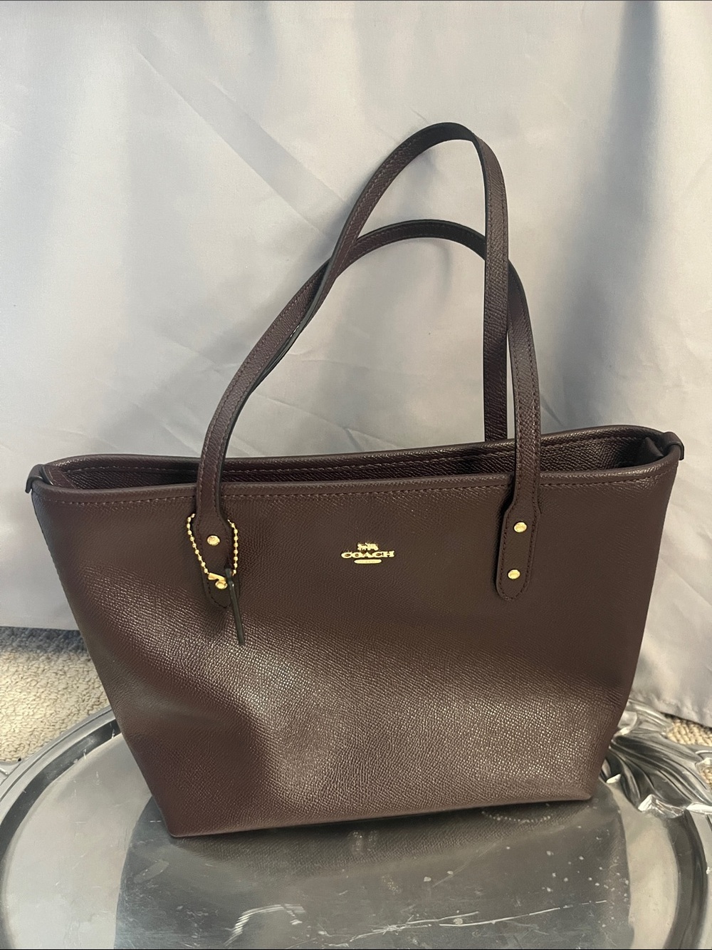 Coach Dark Purple/Brown Pebbled Leather Tote with Gold Hardware